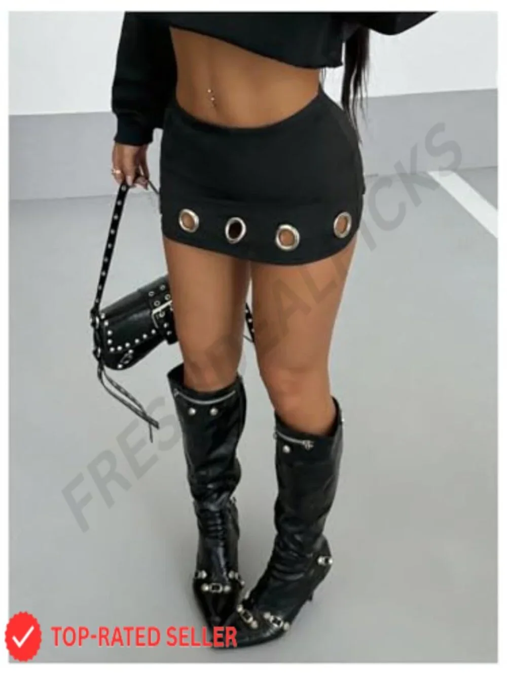 Punk Grommet Eyelet Micro Skirt Bodycon Mini with Built-in Shorts